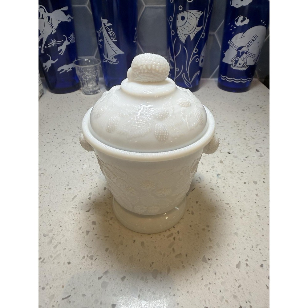 Westmoreland BlackBerry Covered Jam Jelly Candy Dish Mid Century Milk Glass